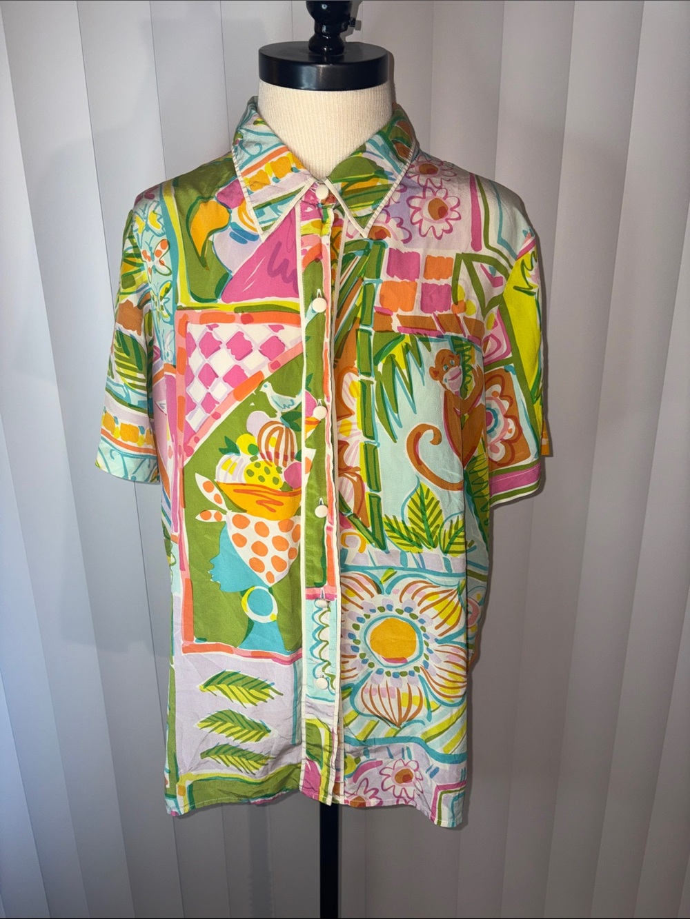 Vtg Bob Mackie Wearable Art 100% Silk Button Up Shirt Tropical Monkey Fruit Lady